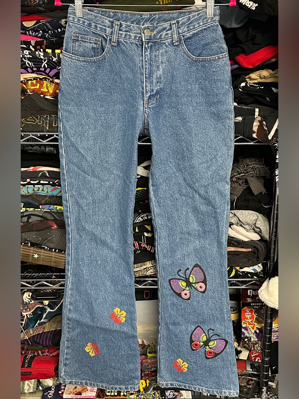 Y2K BEBOP women's blue floral butterfly embroidered bootcut flare jeans, 27".
